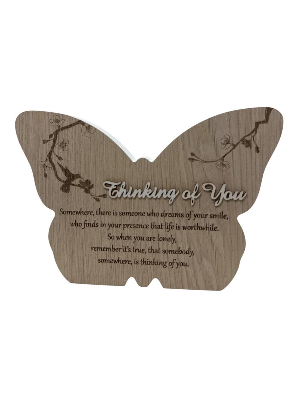 Butterfly Shaped Wooden Wall Plaque with Inspirational Quote - "Thinking of You"